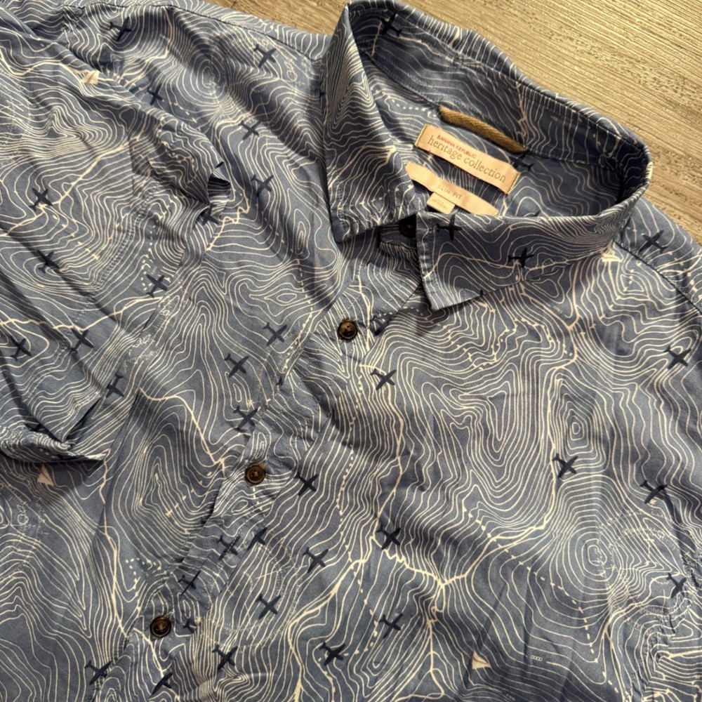 Banana Republic Shirt Men XL Blue Topographic Map Cotton Aviation Pilot Heritage